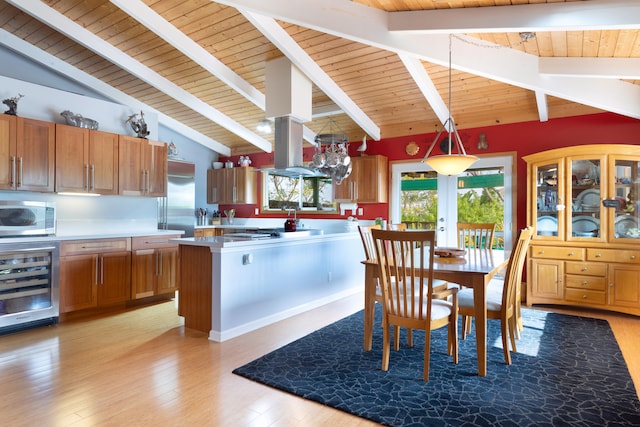 71-1769 Puu Lani Dr, Kailua-Kona, HI 96740 - dining space with wine cooler, wood ceiling with exposed beams, french doors, light wood-type flooring, and high vaulted ceiling