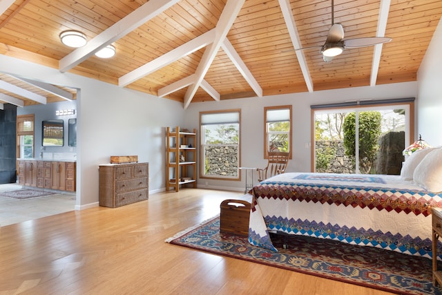 71-1769 Puu Lani Dr, Kailua-Kona, HI 96740 - bedroom featuring multiple windows, wooden ceiling, wood finished floors, baseboards, and ensuite bath