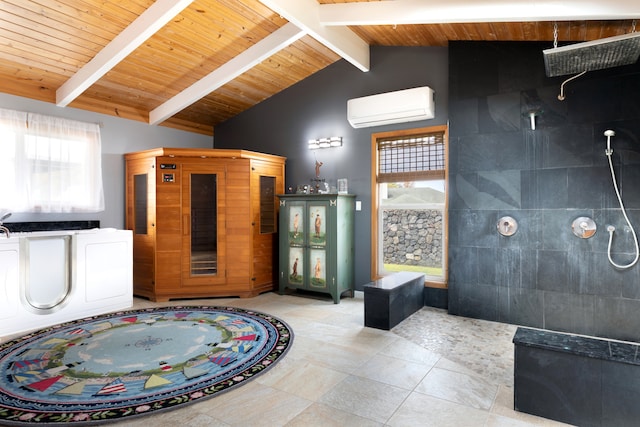 71-1769 Puu Lani Dr, Kailua-Kona, HI 96740 - full bathroom featuring a wall unit AC, plenty of natural light, wood ceiling, a tile shower, and tile patterned flooring