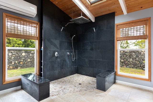 71-1769 Puu Lani Dr, Kailua-Kona, HI 96740 - bathroom with a wall mounted AC, wood ceiling with exposed beams, walk in shower, tile patterned flooring, and baseboards
