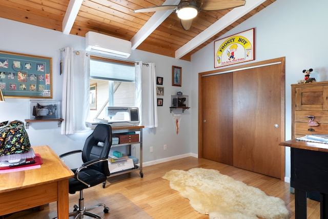 71-1769 Puu Lani Dr, Kailua-Kona, HI 96740 - office space with a wall mounted AC, a ceiling fan, wood finished floors, wooden ceiling, and baseboards
