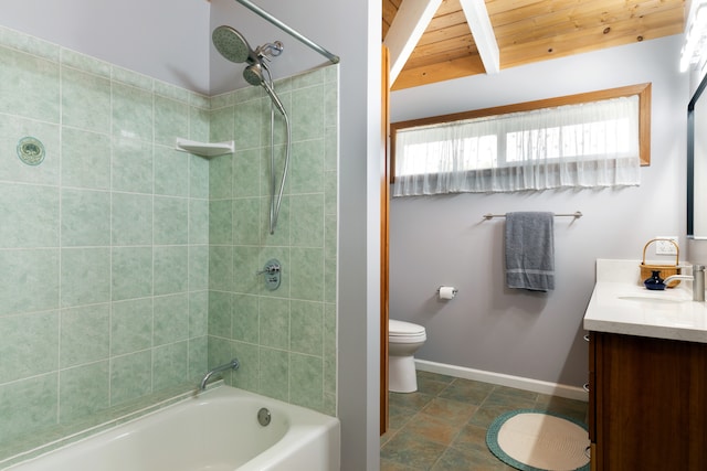71-1769 Puu Lani Dr, Kailua-Kona, HI 96740 - bathroom with toilet, baseboards, vanity, shower / bathtub combination, and wooden ceiling with exposed beams