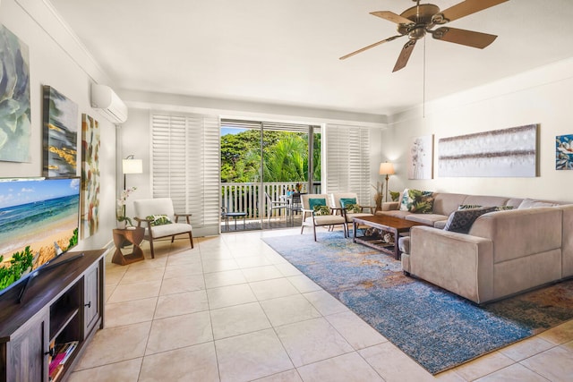 2253 Poipu Rd Unit 241, Koloa, HI 96756 - living area featuring an AC wall unit, tile patterned flooring, a ceiling fan, and ornamental molding