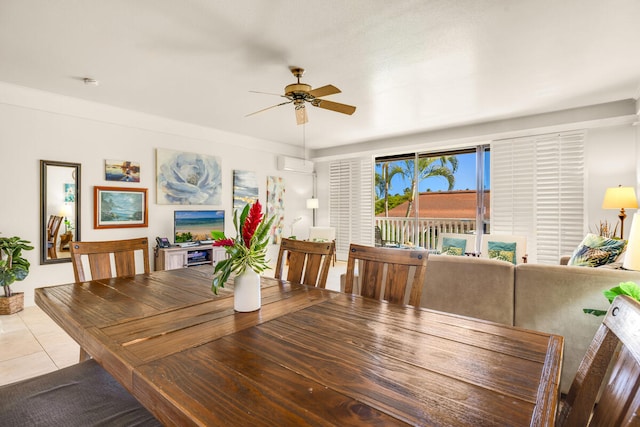 2253 Poipu Rd Unit 241, Koloa, HI 96756 - dining room with a wall mounted air conditioner, ceiling fan, and tile patterned flooring