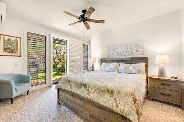 2253 Poipu Rd Unit 241, Koloa, HI 96756 - bedroom with light carpet, a ceiling fan, a wall mounted AC, and access to exterior