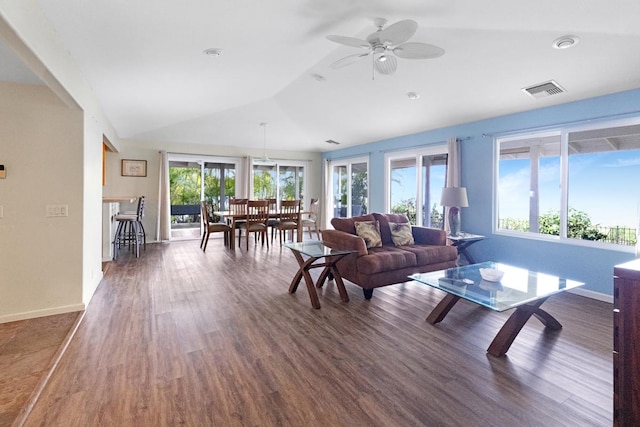 77-6596 Walua Rd, Kailua-Kona, HI 96740 - living room featuring lofted ceiling, plenty of natural light, wood finished floors, and ceiling fan