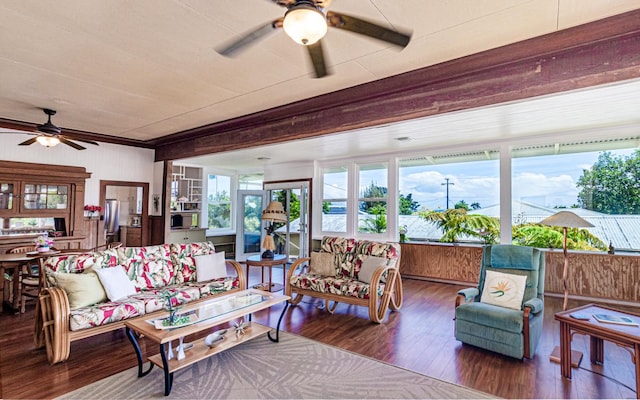 394 Haili St, Hilo, HI 96720 - living area with a ceiling fan, plenty of natural light, and wood finished floors