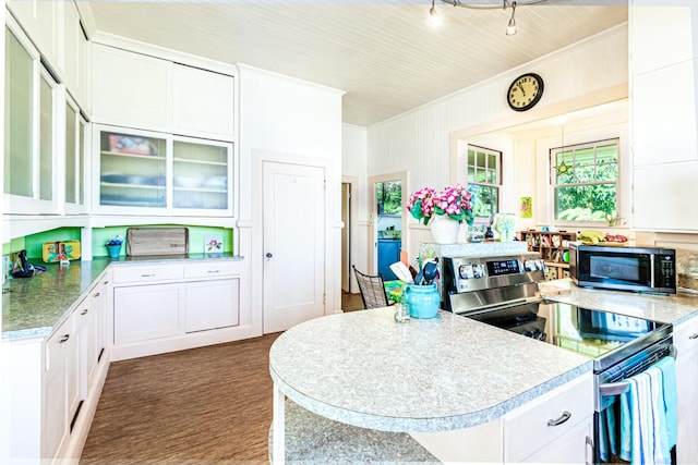 394 Haili St, Hilo, HI 96720 - kitchen with stainless steel appliances, ornamental molding, white cabinets, glass insert cabinets, and light countertops