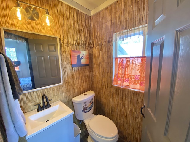 11-3141 Ala Kapena, Volcano, HI 96785 - half bath featuring toilet, plenty of natural light, vanity, tile walls, and tasteful backsplash