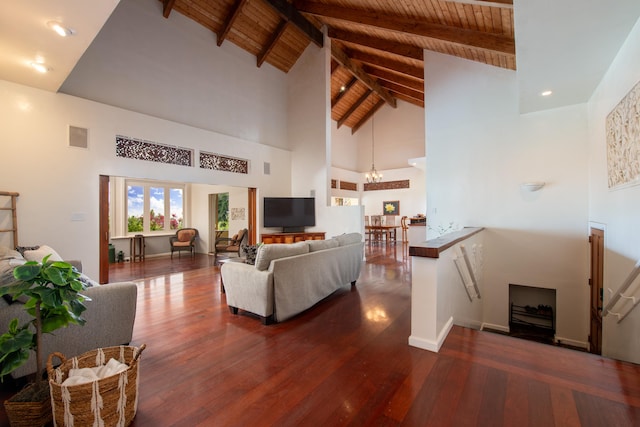44-2325 Middle Rd, Honokaa, HI 96727 - living room featuring high vaulted ceiling, wooden ceiling with exposed beams, a chandelier, and hardwood / wood-style floors