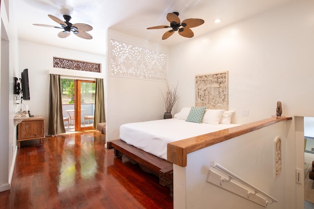 44-2325 Middle Rd, Honokaa, HI 96727 - bedroom with wood finished floors, access to exterior, a ceiling fan, and recessed lighting