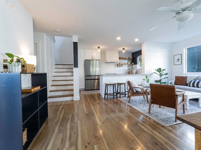189 Poouli St, Wailuku, HI 96793 - living area with dark wood-style flooring, a ceiling fan, stairs, and recessed lighting