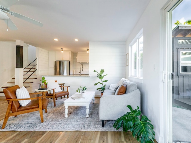 189 Poouli St, Wailuku, HI 96793 - living room with wood finished floors, stairway, recessed lighting, and ceiling fan