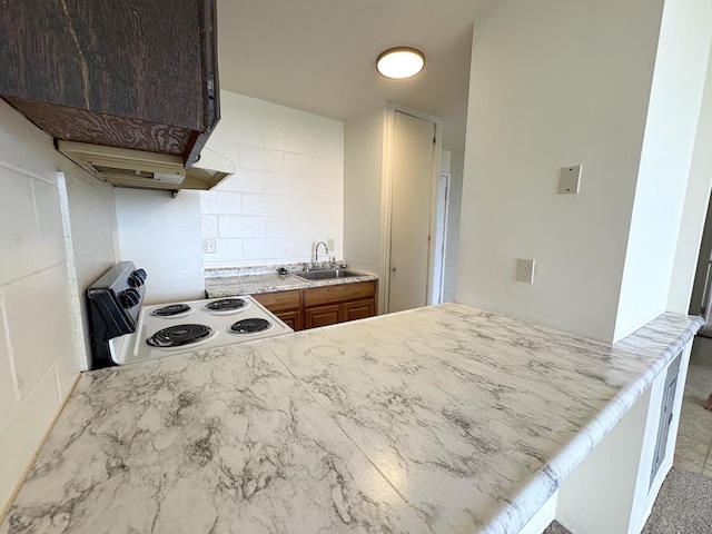 4156 Rice St Unit 404, Lihue, HI 96766 - kitchen featuring white electric stove, a sink, brown cabinetry, a peninsula, and under cabinet range hood