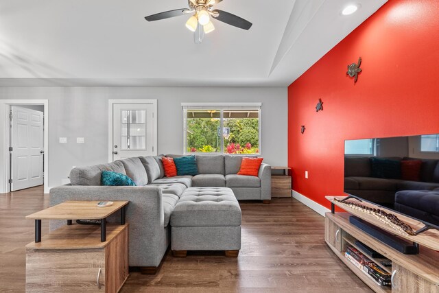 15-1884 14th Ave, Keaau, HI 96749 - living room with lofted ceiling, a ceiling fan, wood finished floors, recessed lighting, and baseboards