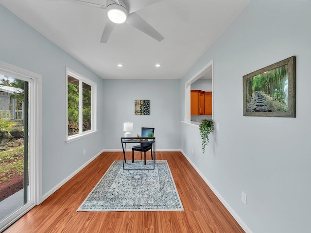 15-1047 Pilikai Rd, Keaau, HI 96749 - office area with wood finished floors, ceiling fan, baseboards, and recessed lighting