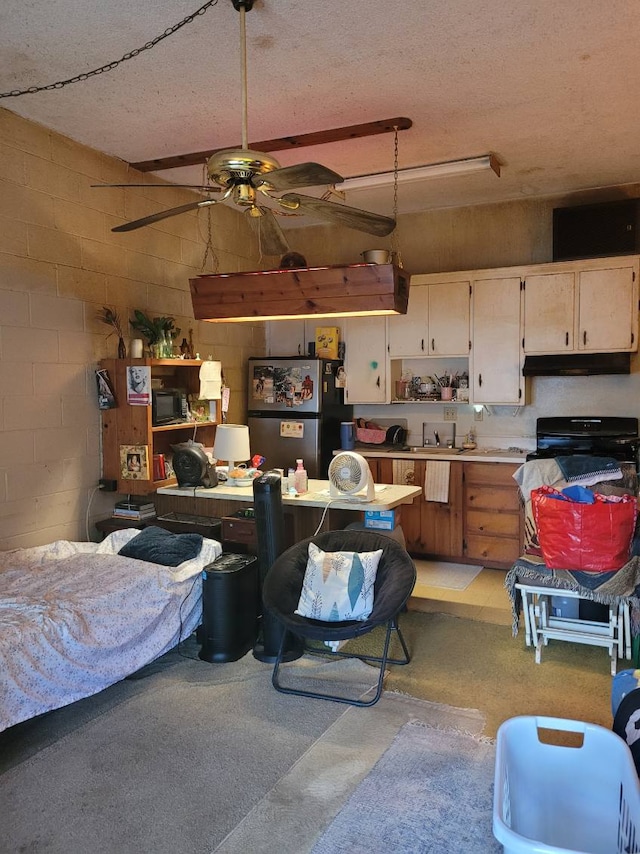 355 Kalanianaole Ave Unit 103, Hilo, HI 96720 - garage with freestanding refrigerator, ceiling fan, concrete block wall, and a sink