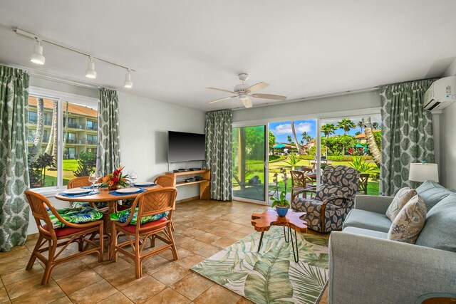 4-1250 Kuhio Hwy Unit H104, Kapaa, HI 96746 - living area with rail lighting, an AC wall unit, ceiling fan, and plenty of natural light
