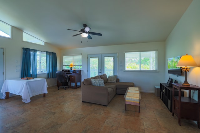 15-1517 7th Ave, Keaau, HI 96749 - living area featuring french doors, a desk, a ceiling fan, baseboards, and stone tile floors