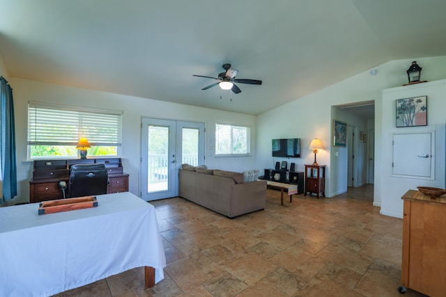15-1517 7th Ave, Keaau, HI 96749 - bedroom featuring french doors, access to exterior, an office area, light stone finish floors, and lofted ceiling