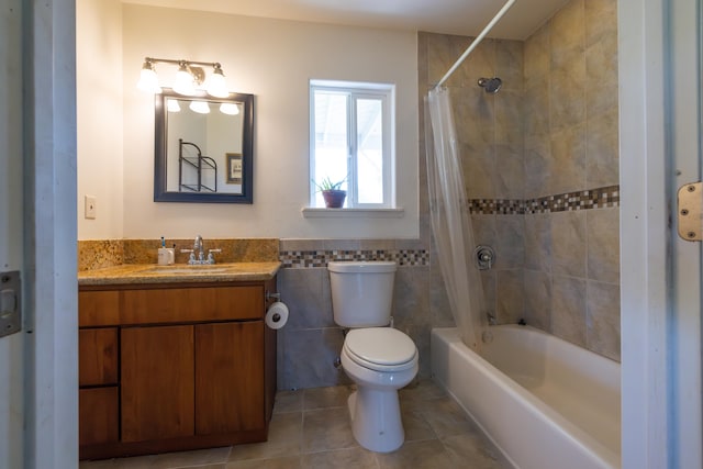 15-1517 7th Ave, Keaau, HI 96749 - full bath featuring toilet, vanity, tile patterned floors, shower / bathtub combination with curtain, and tile walls