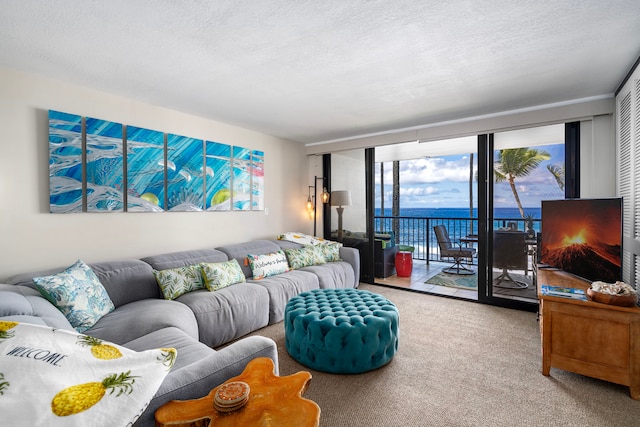 75-6106 Alii Dr Unit 208, Kailua-Kona, HI 96740 - living area featuring carpet flooring, a textured ceiling, and floor to ceiling windows