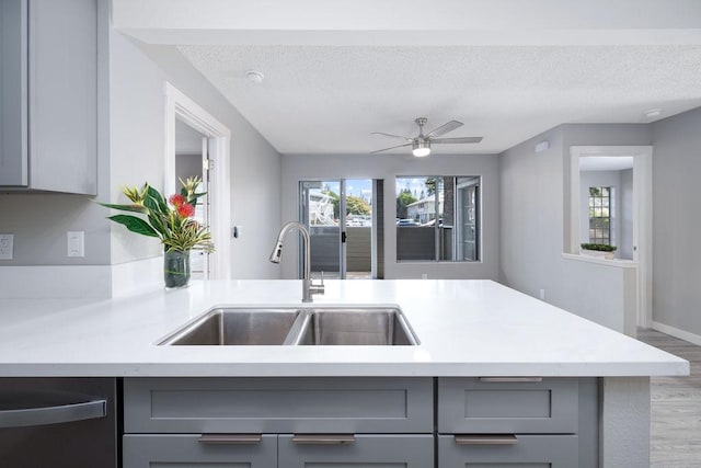 68-3890 Lua Kula St Unit 1104, Waikoloa, HI 96738 - kitchen with gray cabinets, a sink, dishwasher, wood finished floors, and a textured ceiling