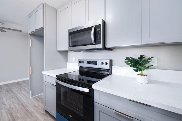 68-3890 Lua Kula St Unit 1104, Waikoloa, HI 96738 - kitchen featuring stainless steel appliances, light countertops, light wood-style floors, ceiling fan, and gray cabinets
