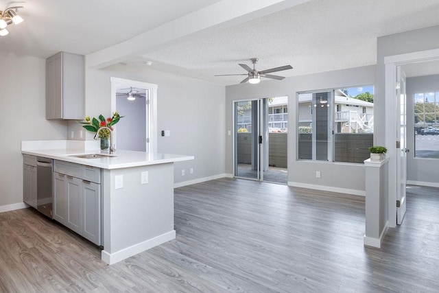 68-3890 Lua Kula St Unit 1104, Waikoloa, HI 96738 - kitchen with gray cabinetry, stainless steel dishwasher, ceiling fan, and light countertops
