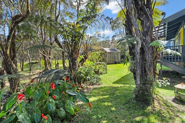 11-3953 Liona St, Volcano, HI 96785 - view of green lawn featuring a greenhouse, an outbuilding, and a wooden deck