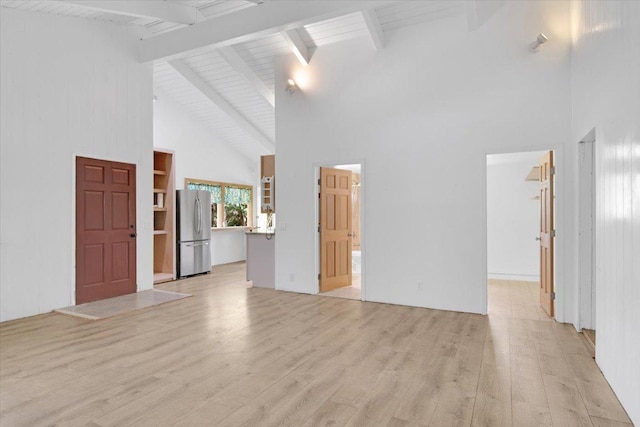 11-3953 Liona St, Volcano, HI 96785 - unfurnished living room featuring high vaulted ceiling, light wood-type flooring, and beam ceiling