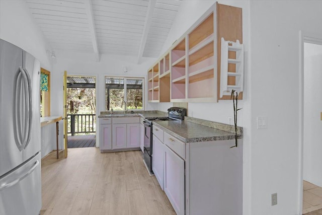 11-3953 Liona St, Volcano, HI 96785 - kitchen featuring appliances with stainless steel finishes, light wood-style flooring, a sink, and wood ceiling with exposed beams