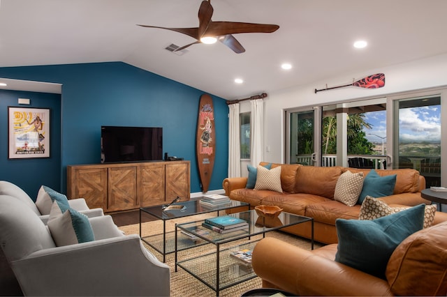68-3932 Mulei Pl, Waikoloa, HI 96738 - living room featuring vaulted ceiling, a ceiling fan, recessed lighting, and wood finished floors