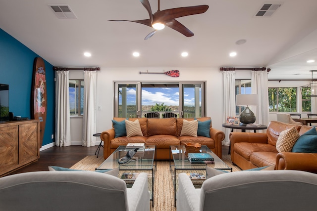 68-3932 Mulei Pl, Waikoloa, HI 96738 - living room featuring a ceiling fan, recessed lighting, dark wood-style floors, and baseboards