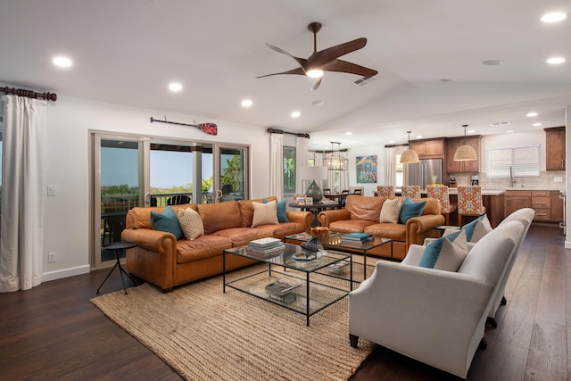 68-3932 Mulei Pl, Waikoloa, HI 96738 - living room with lofted ceiling, dark wood-type flooring, ceiling fan, recessed lighting, and baseboards