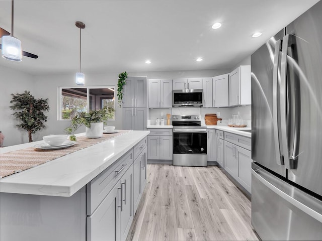 11-3063-A Puolani St, Volcano, HI 96785 - kitchen with stainless steel appliances, gray cabinetry, light wood-style floors, recessed lighting, and pendant lighting
