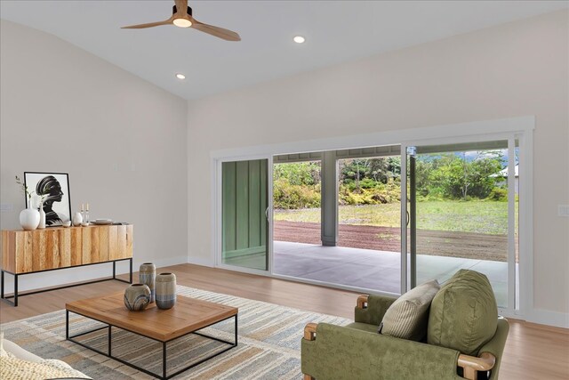 15-1616 7th Ave, Keaau, HI 96749 - living room with a ceiling fan, light wood-style flooring, baseboards, recessed lighting, and lofted ceiling