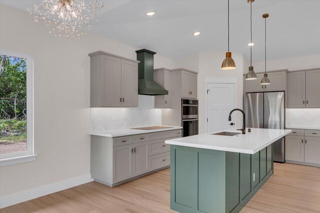 15-1616 7th Ave, Keaau, HI 96749 - kitchen featuring wall chimney exhaust hood, gray cabinetry, a sink, and recessed lighting