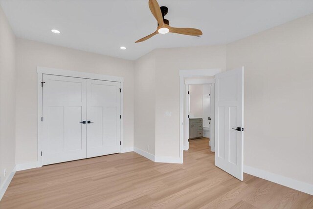 15-1616 7th Ave, Keaau, HI 96749 - unfurnished bedroom featuring light wood-style flooring, baseboards, recessed lighting, a ceiling fan, and a closet