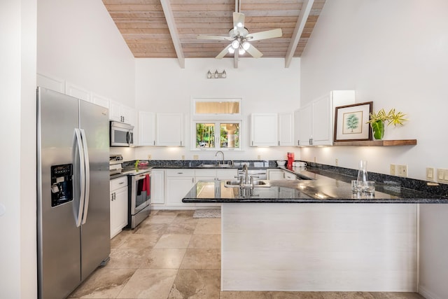 74-4999 Hao Kuni Pl, Kailua-Kona, HI 96740 - kitchen featuring stainless steel appliances, a sink, high vaulted ceiling, wooden ceiling with exposed beams, and a peninsula
