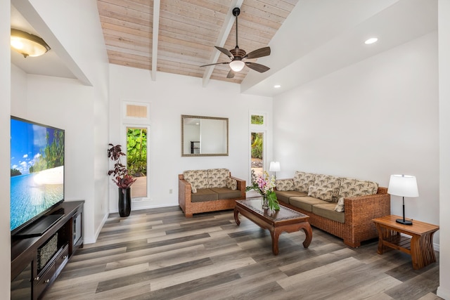 74-4999 Hao Kuni Pl, Kailua-Kona, HI 96740 - living room featuring wooden ceiling, wood finished floors, a ceiling fan, recessed lighting, and baseboards