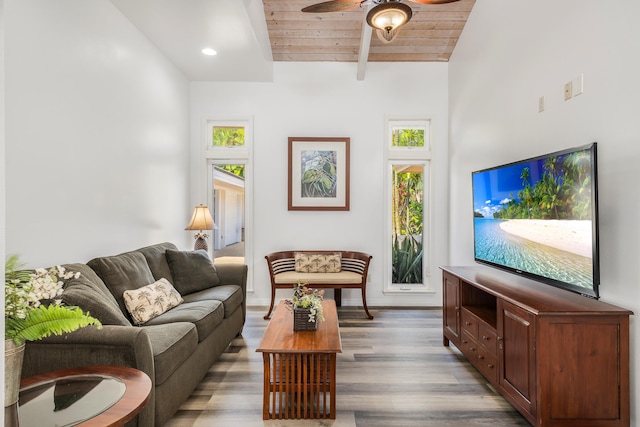 74-4999 Hao Kuni Pl, Kailua-Kona, HI 96740 - living area featuring ceiling fan, light wood-type flooring, and wooden ceiling with exposed beams