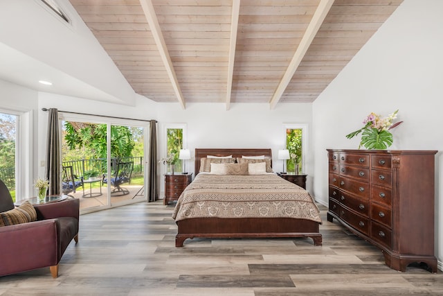 74-4999 Hao Kuni Pl, Kailua-Kona, HI 96740 - bedroom with access to exterior, multiple windows, wooden ceiling, wood finished floors, and recessed lighting
