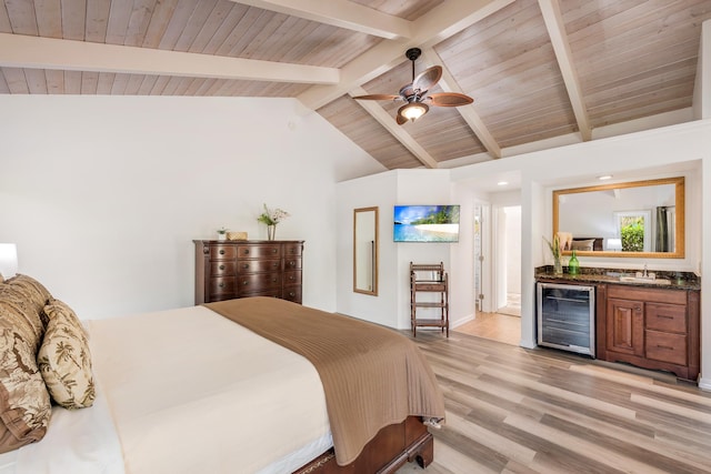 74-4999 Hao Kuni Pl, Kailua-Kona, HI 96740 - bedroom featuring beverage cooler, bar area, wood ceiling, light wood finished floors, and ceiling fan
