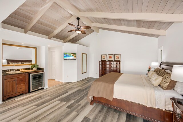 74-4999 Hao Kuni Pl, Kailua-Kona, HI 96740 - bedroom featuring wine cooler, wet bar, wood ceiling, light wood-style flooring, and ceiling fan