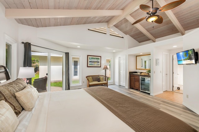74-4999 Hao Kuni Pl, Kailua-Kona, HI 96740 - bedroom featuring beverage cooler, light wood-style floors, recessed lighting, a sink, and wood ceiling