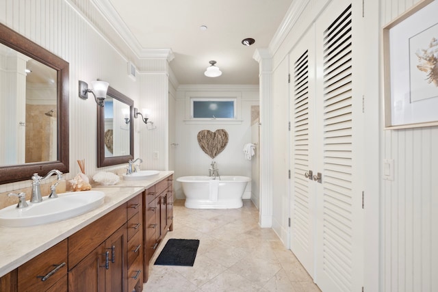 2373 Hoohu Rd Unit B111, Koloa, HI 96756 - full bathroom featuring a closet, double vanity, crown molding, a soaking tub, and a tile shower
