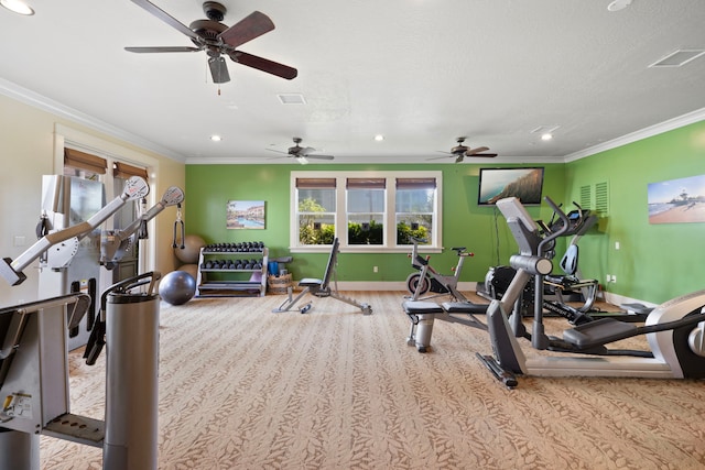 2373 Hoohu Rd Unit B111, Koloa, HI 96756 - workout area featuring carpet floors, baseboards, crown molding, recessed lighting, and a ceiling fan