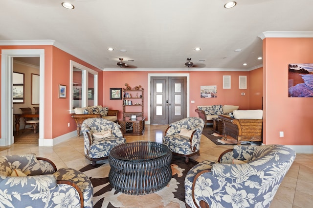 2373 Hoohu Rd Unit B111, Koloa, HI 96756 - living area featuring recessed lighting, light tile patterned floors, ceiling fan, ornamental molding, and baseboards