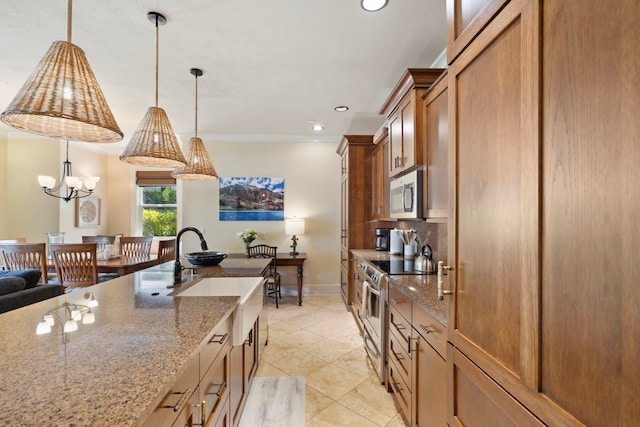2373 Hoohu Rd Unit B111, Koloa, HI 96756 - kitchen featuring stainless steel appliances, brown cabinets, light stone countertops, pendant lighting, and recessed lighting